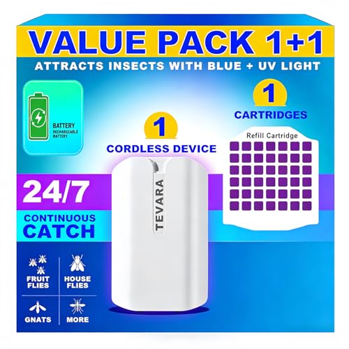 Cordless Flying Insect Trap Indoor, 4000mAh Rechargeable UV Light Bug Catcher for Moths Gnats Fruit Flies, 2-in-1 Night Light Mode Fly Trap for Home Kitchen Garage RV (1 Device & 1 Cartridge)
