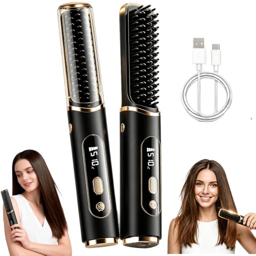 Cordless Hair Straightener Brush, 2-in-1 Flat Iron & Comb, Ceramic Anti-Scald, 5 Temp Settings (140-210℃), NTC Smart Control, Type-C Rechargeable, 60-Min Battery, Travel-Friendly for All Hair