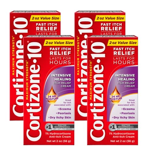 Cortizone-10 Maximum Strength Intensive Healing Itch Relief Cream, 1% Hydrocortisone, Fast-Acting, Anti-Itch Cream for Bug Bites, Rash, Eczema, Psoriasis, Poison Ivy, Oak, Sumac & More, 2 oz, 4 Pack