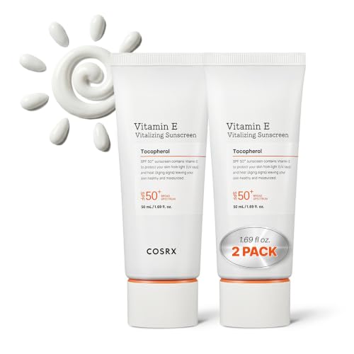 COSRX Vitamin E Sunscreen 2 Pack, Natural Glow Face Sunscreen for Oily Skin SPF 50, Lightweight, Non-Sticky, No White Cast, Beach Essentials, Summer Travel Essentials, Korean Skincare,1.69 fl oz