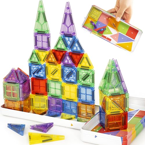 cossy Mini Magnetic Tiles, 60 PCS Magnet Tiles Travel Toys with Iron Box, Travel Magnetic Tiles for Restaurant, Car & Plane Play, Toys for 3 4 5 6 7 8 Year Old Boy and Girl