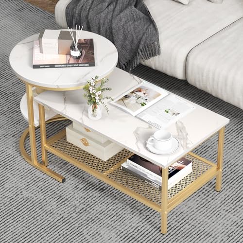 COSTWAY Nesting Coffee Table Set of 2, 31.5'' Modern Center Coffee Table and 20.5'' Small Sofa Side Table with Storage Shelf, Faux Marble Coffee Tables for Living Room, Apartment, Bedroom (Gold)