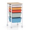 COSTWAY Rolling Storage Cart with Drawers, Multipurpose Utility Cart w/Wooden Tabletop & 2 Lockable Caster, Plastic Mobile Drawer Storage Organizer for Classroom, Home, Office (Macaron, 5 Drawers)