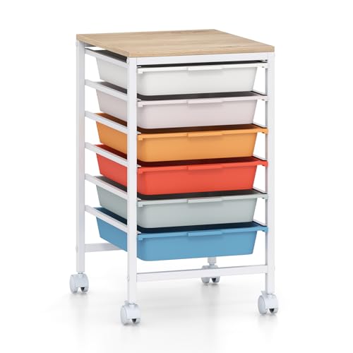 COSTWAY Rolling Storage Cart with Drawers, Multipurpose Utility Cart w/Wooden Tabletop & 2 Lockable Caster, Plastic Mobile Drawer Storage Organizer for Classroom, Home, Office (Macaron, 6 Drawers)