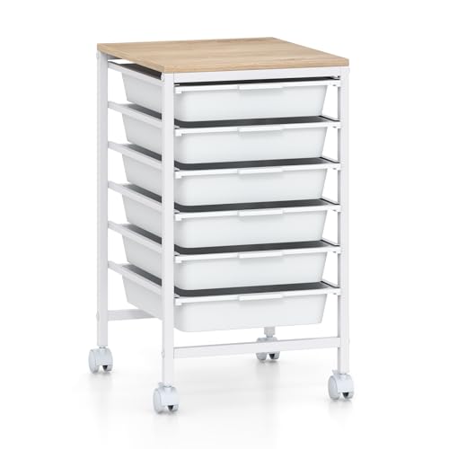 COSTWAY Rolling Storage Cart with Drawers, Multipurpose Utility Cart w/Wooden Tabletop & 2 Lockable Caster, Plastic Mobile Drawer Storage Organizer for Classroom, Home, Office (White, 6 Drawers)