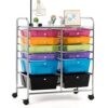 COSTWAY Trolley with 12 Stackable Drawers, Drawer Trolley, Rolling Container with Metal Frame and Shelf, Bathroom Trolley Storage Trolley for Office, Living Room (Transparent Colourful)