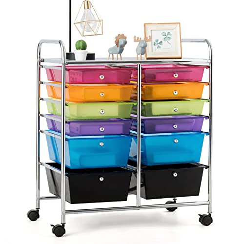 COSTWAY Trolley with 12 Stackable Drawers, Drawer Trolley, Rolling Container with Metal Frame and Shelf, Bathroom Trolley Storage Trolley for Office, Living Room (Transparent Colourful)
