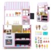 Costzon 2-in-1 Wooden Grocery Store Pretend Play, Kids Ice Cream Stand Shop w/ 2 Backboards, Coffee Maker, Oven & 28 PCS Accessories, Coffee & Cake Shop Play Set, Gift for Boys & Girls Aged 3+ (Pink)