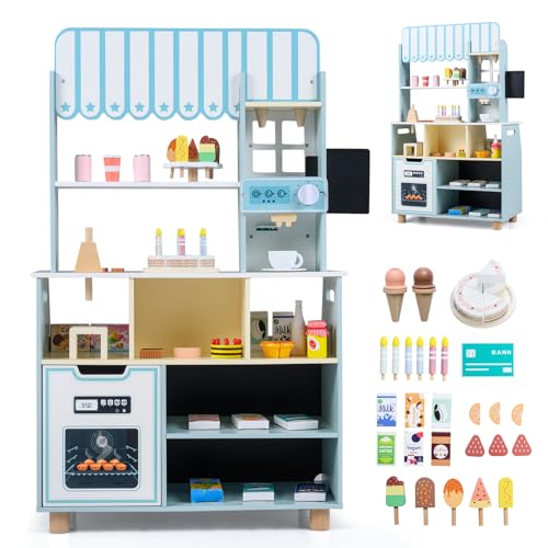 Costzon 2-in-1 Wooden Grocery Store Pretend Play, Kids Ice Cream Stand Shop w/ 2 Backboards, Coffee Maker, Oven & 28 PCS Accessories, Coffee & Cake Shop Play Set, Gift for Boys & Girls Aged 3+ (Blue)