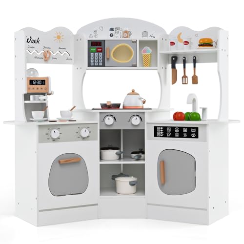Costzon Corner Play Kitchen, Wooden Kids Kitchen Playset with Lights & Sound, Coffee Maker, Washing Machine, Oven, Microwave, Toddler Toy Kitchen for Pretend Play, Gift for Boys Girls 3+ (White)