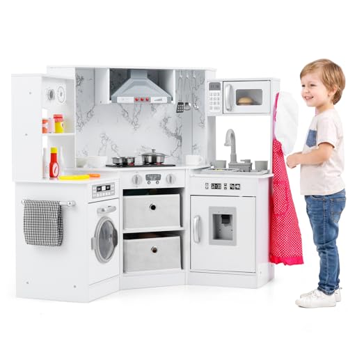 Costzon Corner Play Kitchen, Wooden Toddler Kitchen Playset w/Lights and Sounds, Water Circulation System, Washing Machine,Accessories, Kids Kitchen Playset for Boys,Girls (White)