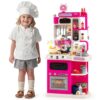 Costzon Kids Kitchen Playset, Little Chef Pretend Kitchenette Set w/Real Light, Sound, Steam, Stoves, Faucet & Sink, 95 PCS Accessories, Premium Plastic Play Kitchen for Toddler 3+ (Pink,Single Side)