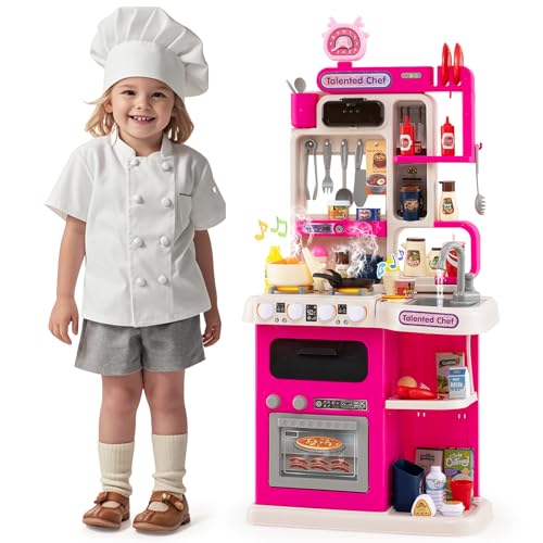 Costzon Kids Kitchen Playset, Little Chef Pretend Kitchenette Set w/Real Light, Sound, Steam, Stoves, Faucet & Sink, 95 PCS Accessories, Premium Plastic Play Kitchen for Toddler 3+ (Pink,Single Side)