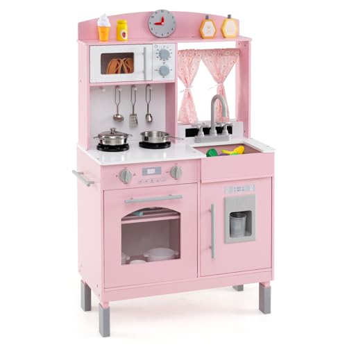 Costzon Kids Kitchen Playset, Wooden Little Chef Pretend Toy w/ 3 Adjustable Heights, Towel Bar, Curtains, Microwave, Stoves, Sink, Oven, Ice Maker & Accessories, Play Kitchen for Kids Ages 3+ (Pink)