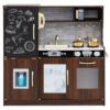 Costzon Kids Kitchen Playset, Wooden Pretend Cooking Toy Set w/Real Sound, Large Blackboard, Telephone, Microwave, Ice Maker, Dishwasher, Oven, Storage Space, Play Kitchen for Kids Ages 3+ (Brown)
