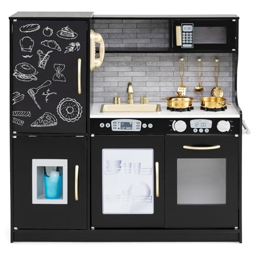 Costzon Kids Kitchen Playset, Wooden Pretend Cooking Toy Set w/Real Sound, Large Blackboard, Telephone, Microwave, Ice Maker, Dishwasher, Oven, Storage Space, Play Kitchen for Kids Ages 3+ (Black)