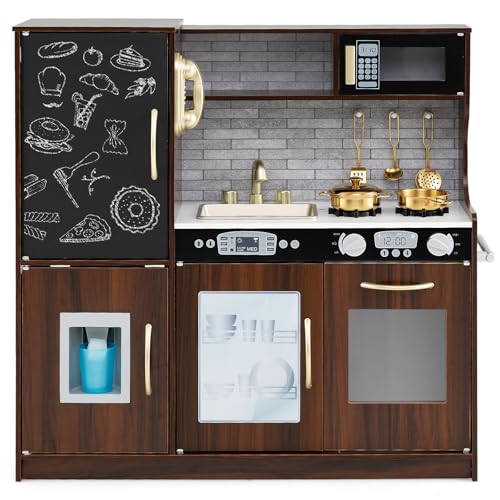 Costzon Kids Kitchen Playset, Wooden Pretend Cooking Toy Set w/Real Sound, Large Blackboard, Telephone, Microwave, Ice Maker, Dishwasher, Oven, Storage Space, Play Kitchen for Kids Ages 3+ (Brown)
