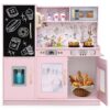 Costzon Kids Kitchen Playset, Wooden Pretend Cooking Toy Set w/Sound, Large Blackboard, Telephone, Microwave, Ice Maker, Dishwasher, Oven, Storage Space, Play Kitchen for Kids Ages 3+ (Light Pink)
