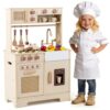 Costzon Kids Play Kitchen, Rattan Toddler Kitchen Playset w/Real Lights & Sounds, Stoves, Sink, Faucet, Oven, Ice Machine, Microwave, Coffee Maker, Wooden Chef Pretend Play Toy, Gift for Boy Girl 3+