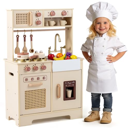 Costzon Kids Play Kitchen, Rattan Toddler Kitchen Playset w/Real Lights & Sounds, Stoves, Sink, Faucet, Oven, Ice Machine, Microwave, Coffee Maker, Wooden Chef Pretend Play Toy, Gift for Boy Girl 3+