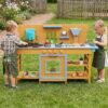 Costzon Mud Kitchen for Kids, Wooden Pretend Play Kitchen w/ 3 Flowerpots