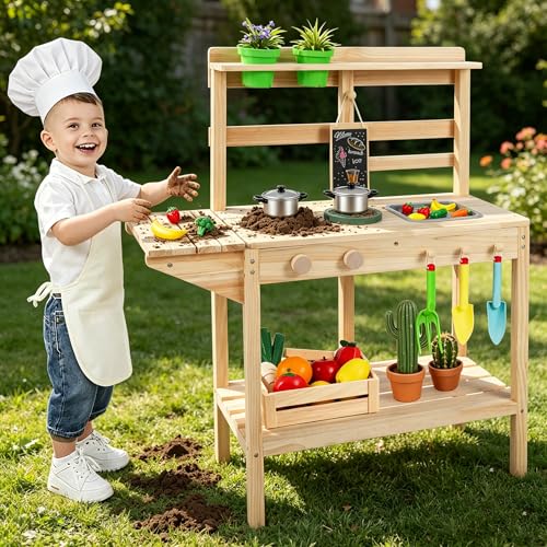 Costzon Mud Kitchen, Solid Wood Potting Bench w/2 Flowerpots, Blackboard, Sink, 2 Stoves, Outdoor Pretend Play Set for Toddlers 3+ Years, Mud Kitchen for Kids Outdoor, Gift for Girls & Boys