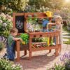 Costzon Mud Kitchen, Solid Wood Toddler Role Play Toy w/Planter Box, Sink, Stoves, Chalkboard & 13 Accessories, Outdoor Pretend Play Kitchen for Boys Girls Aged 3+