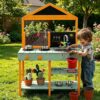 Costzon Mud Kitchen, Wooden Kids Kitchen Playset with See-Through Planter Box, Blackboard, Stoves, Sink & Faucet, Cooking Accessories, Storage Shelves, Toddler Outdoor Play Kitchen for Boys Girls 3+