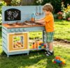 Costzon Mud Kitchen, Wooden Toy Playset w/Stoves, Sink, Faucet, Grill Rack, Chalkboard, Rotatable Knobs, Flowerpots, Shelves & Cabinets, Outdoor Mud Kitchen for Kids Aged 3-8