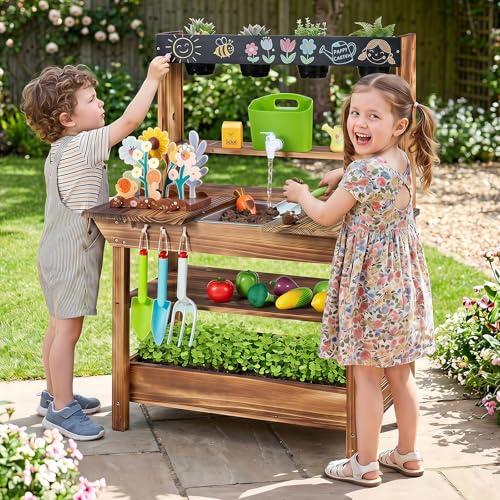 Costzon Outdoor Mud Kitchen for Kids, Toddler Wooden Potting Bench w/Water Faucet, Sink, Planter, Seeding Pots, Chalkboard, Gardening Tools, Flower Toys, Sensory Play Kitchen for Boys Girls Age 3+