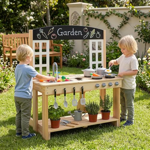 Costzon Outdoor Mud Kitchen, Wooden Kids Kitchen Playset w/Bench, Stoves, Faucet, Sink, Chalkboard, Cooking Accessories, Mud Kitchen for Kids Oudoor, Backyard,Garden, Gift for Boys Girls Ages 3+
