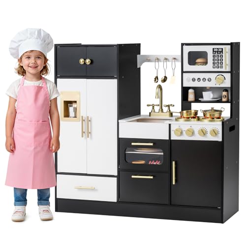 Costzon Play Kitchen for Kids, Wooden Kitchen Playset w/Realistic Lights & Sounds, Stoves, Faucet, Oven, Ice Machine, Microwave, Coffee Maker, Chef Pretend Play Toy Gift for Boys Girls 3+ (Black)