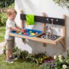 Costzon Wall Mounted Mud Kitchen for Kids Outdoor, Wooden Play Kitchen w/Sink, Faucet, Stove, Water Box, Cooking Accessories, Floating Pretend Kitchen Toy Playset for Boys Girls Ages 3+