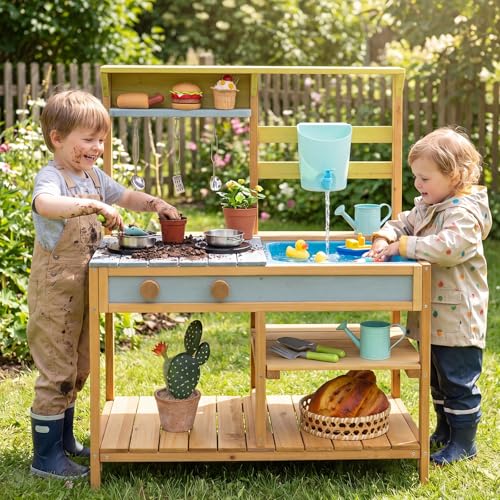 Costzon Wooden Kids Play Kitchen, Outdoor Mud Kitchen with Removable Sink, Water Box & Faucet, Stove Top, Storage Shelves, Fun Backyard Pretend Kitchen Playset for Boys Girls 3+ (Blue)