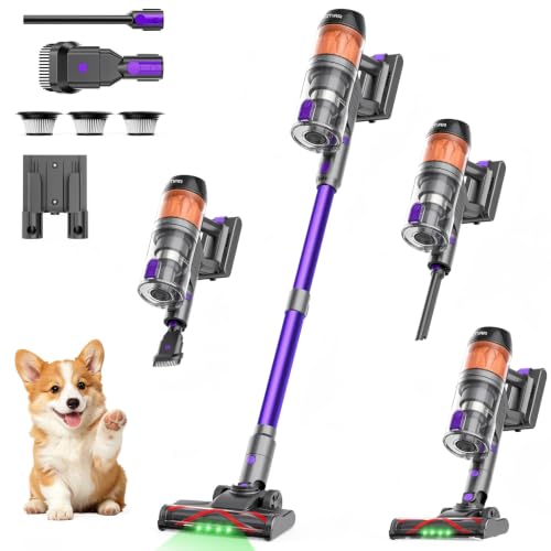 COTIAR Cordless Vacuum Cleaner, 500W 40KPa 60Mins Vacuum Cleaners for Home, Anti-Tangle Rechargeable Vacuum Wireless Vacumm with Green Light for Pet Hair/Carpet/Hardwood Floor, Purple