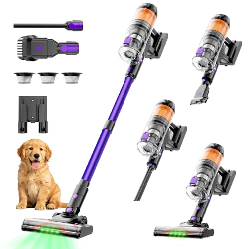 COTIAR Cordless Vacuum Cleaner, 500W 40KPa 60Mins Vacuum Cleaners for Home, Wireless Vacumm Anti-Tangle Rechargeable Vacuum with Green Light for Pet Hair/Carpet/Hardwood Floor, Purple