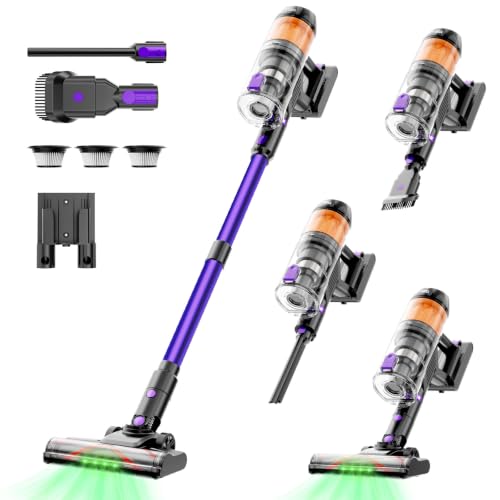 COTIAR Cordless Vacuum Cleaner,Vacuum Cleaners for Home,550W 45KPa 65Mins Powerful Stick Vacuum with Green Light, Wireless Vacumm, Rechargeable Vacuum for Pet Hair/Carpet/Hardwood Floor,Purple