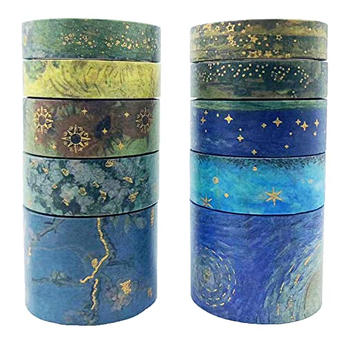 Cotrida Van Gogh Gold Washi Tape Set 10 Rolls, Premium Mixed Size Starry Night, Star, Floral, Yellow Sunflower, Blue Sky Washi Tapes for Craft, Kids, Scrapbook, DIY,Gift Wrapping