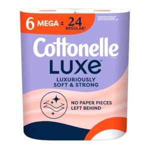 Cottonelle Luxe Toilet Paper, 6 Mega Rolls = 24 Regular Rolls