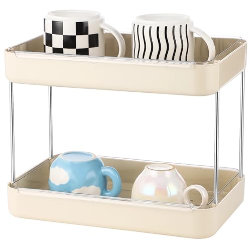 Countertop Organizer, 2 Tier 13 x 9.1 in Beige Shelf with Removable Drain Tray, Space Saving Storage Rack for Bathroom, Kitchen, Coffee Station, Open Wire Metal Frame with ABS Tray