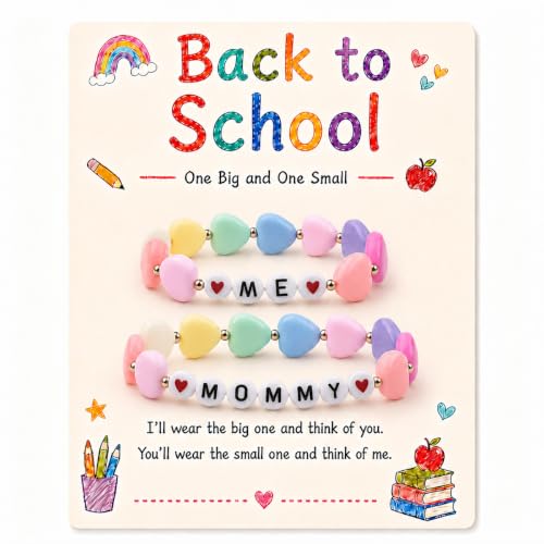 Covanlumci Back to School Separation Anxiety Gift, Mommy and Me Matching Pastel Heart Elastic Bracelet Set, Sentimental First Day of School Matching Jewelry with Decorative Greeting Card