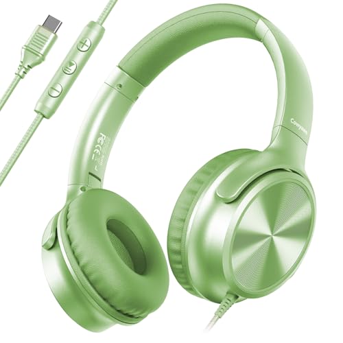 Cowyawn USB C Headphones Wired, Over Ear USB C Wired Headphones with Microphone, Volume Control, HD Stereo Sound, Foldable USB Type C Headphone for Adult/Teens/Laptop/Computer/iPhone 15/16/17, Green