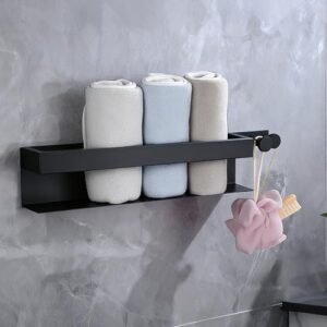 Cozary Towel Rail No Drilling Required Black Stainless Steel Self-Adhesive Guest Towel Holder with 2 Pieces Hooks 43 cm Towel Rack for Bathroom and Kitchen