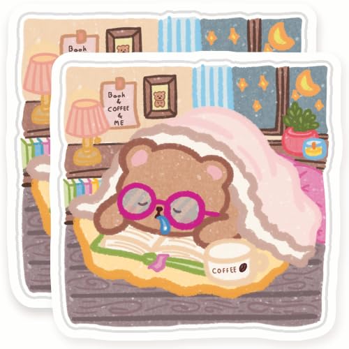 Cozy Bear Book Lovers Magnets - Cute Bear Reading Magnet Set - Bookworm Tea Coffee Lover - 2 Pack - 5" Design - Sticks to Fridges, Lockers, Toolboxes & More - Made in USA - AQM29912