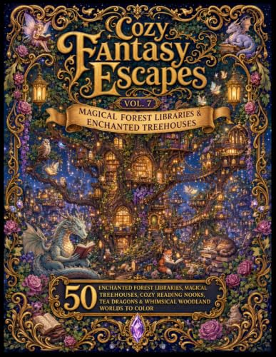 Cozy Fantasy Escapes Vol. 7 – Magical Forest Libraries & Enchanted Treehouses: 50 Enchanted Forest Libraries, Magical Treehouses, Cozy Reading Nooks, Tea Dragons & Whimsical Woodland Worlds to Color