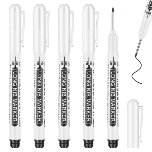 CQDAXUMY 5 Pack Long Nib Marker Pens, 20mm Long Head Deep Hole Markers Pen, Quick Dry & Waterproof Construction Markers for Metal, Deep Reach Permanent Paint Marking Pen for Woodworking Carpenter