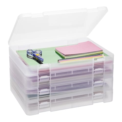 CraftGenes 4 Pack A4 Paper Storage Boxes with Lids, Thick Plastic Scrapbook Paper Organizer, Stackable 12.7 x 9.5 x 1.8 in File Storage for 8.5x11 Documents, School & Craft Supplies