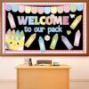 Crayon Bulletin Board Set Welcome Back to School Classroom Decorations Welcome to Our Pack Paper Cutouts Colorful Crayon Theme Name Tags for First Day of School Chalkboard Wall Decor Supplies