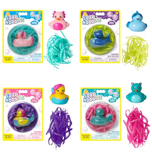 Creativity for Kids Soap Noodles Bath Set Bundle - Pink Kitty, Aqua Blue Axolotl, Purple Mermaid & Green Shark with Character Ducks | Sensory Bath Toys (Ages 3+)
