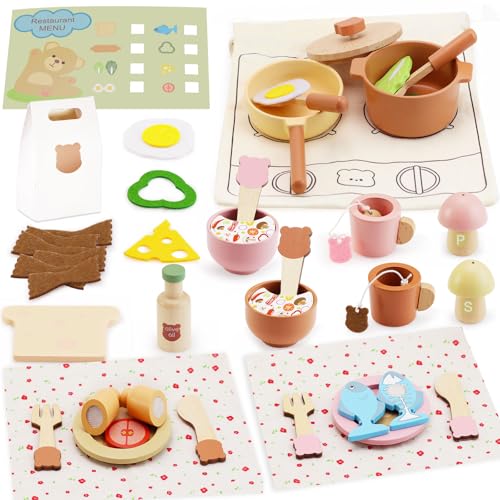 Crelloci Wooden Kitchen Playset for Kids, 45 PCS Pretend Cooking Toy with Velcro-Cutting Food, Pots, Pans & Utensils, Montessori Toddler Cooking Set, Gift for Girls & Boys Ages 3+